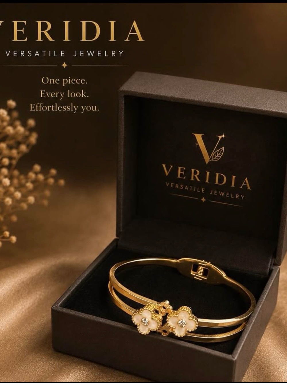 Veridia Gold Flower Bangle Bracelet with White Enamel
